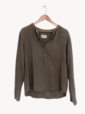 Current/Elliott Gray Long Sleeve Cotton Gauzed Henley, Size: 3 / L